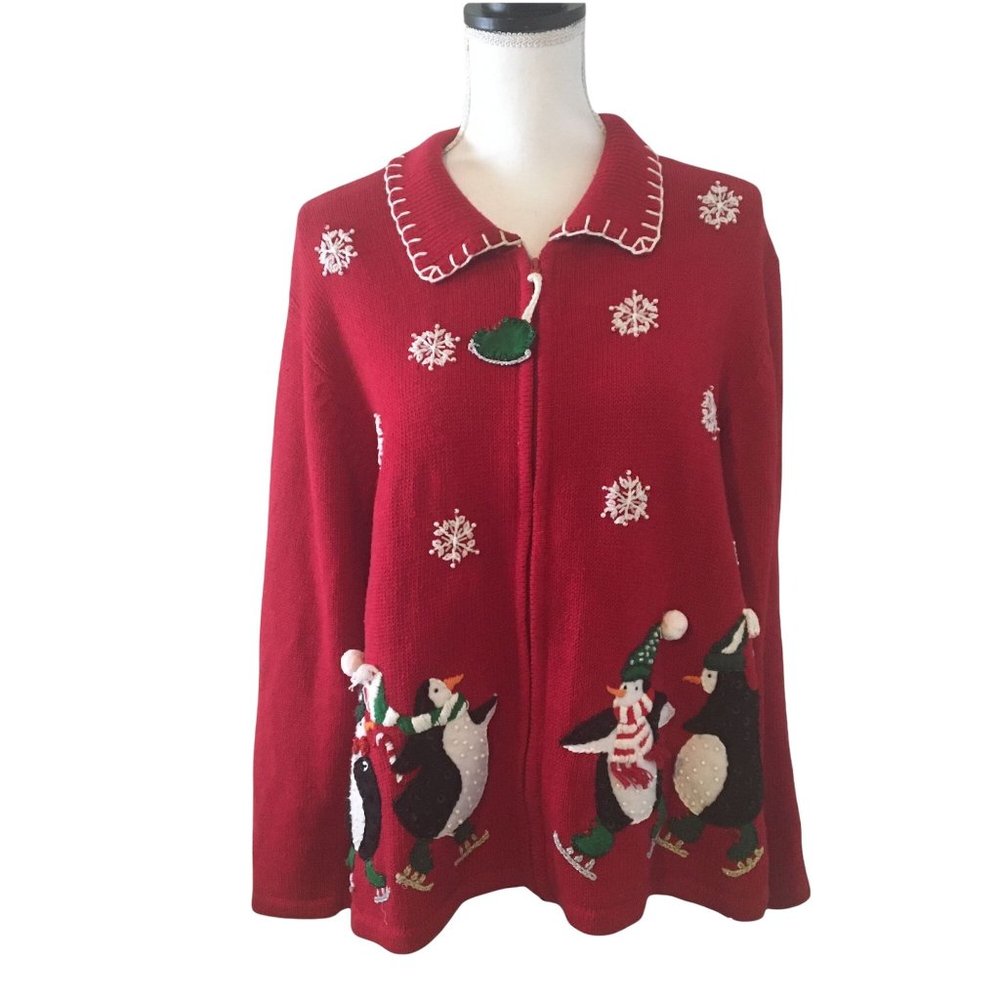 Heirloom Collections Cardigan Christmas Sweater Embroidered Beaded Zip Up Red